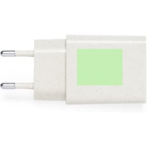 A USB car charger in a white eco-friendly design with a two-prong plug. Features a blank area for branding.