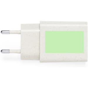 A USB charger in light green with two prongs, featuring a blank area for logo or branding.