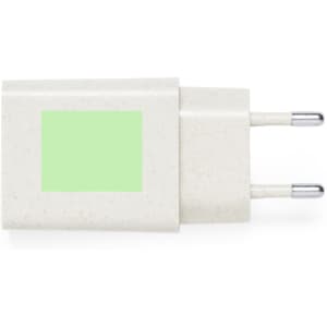 A USB charger in a light grey shade, featuring a simple design and two metallic prongs. It has a logo displayed on it.