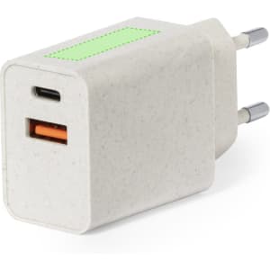 A USB charger in a light grey design, featuring one USB-C port and one USB-A port. It has a logo on the side.
