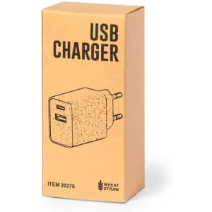 A USB charger in a cardboard box featuring a simple design and a logo, predominantly in brown and white tones.