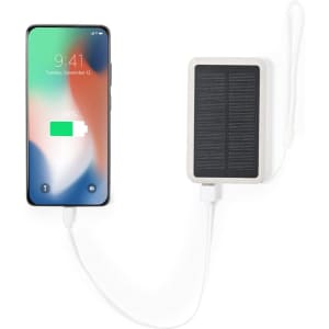 A power bank with a solar panel connected to a smartphone via a charging cable, showing the phone's battery charging.