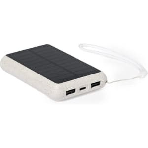 A solar-powered power bank in a light grey colour with multiple USB ports and a small strap.
