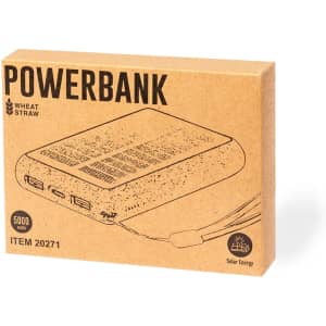 A power bank in a wheat straw design, featuring multiple USB ports. The packaging is eco-friendly and brown in colour.