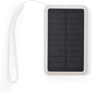 A rectangular white power bank with a black solar panel and a detachable wrist strap. It features a logo.