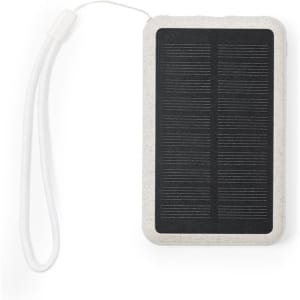A rectangular solar power bank in grey with a black solar panel and a white strap. It has a logo on the surface.