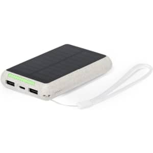 A power bank with a solar panel on top, featuring a white body and two USB ports, accompanied by a wrist strap.