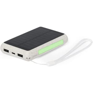 A portable power bank with a solar panel, featuring a light grey body, two USB ports, and a strap.
