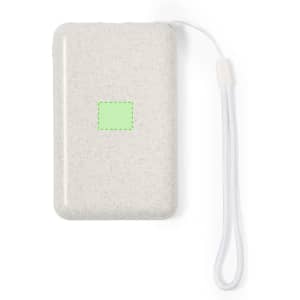 A light grey power bank with a textured finish and a wrist strap. It features a small branding area.