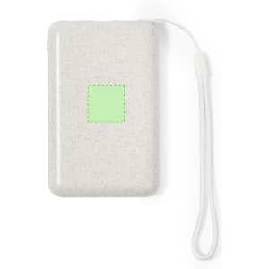 A grey speckled power bank with a white wrist strap and a blank area for branding.