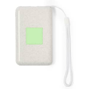 A light grey power bank with a white strap and a blank green area for branding.