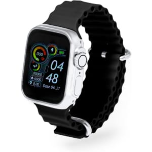 A black smart watch with a silver frame displaying digital metrics on the screen. Features a rubber strap and has a logo.