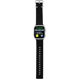 A black smartwatch with a rectangular face, featuring a display and a sport strap. The watch includes a logo.