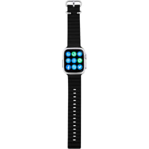 A black smart watch with a square face and multiple app icons displayed on the screen, featuring a sleek design.