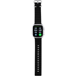 A black smart watch with a square face and adjustable strap, featuring a digital display and a logo.