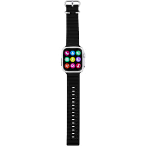 A black smart watch features a square face and a silicone strap, displaying various colourful app icons.