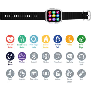 A smart watch with a square face, black strap, and various colourful app icons, featuring a logo on the side.