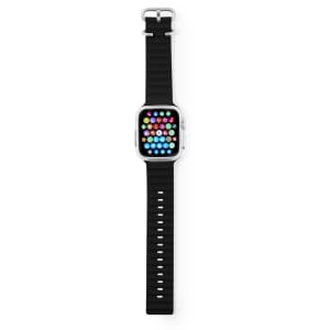A black smartwatch with a square face and a touch screen displaying various app icons. It features a rugged strap and a logo.