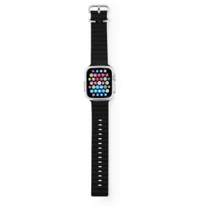 A smart watch with a black strap and a square touchscreen displaying various colourful icons. It has a logo on the side.