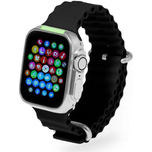 A black smart watch with a silver frame displays various app icons on its screen. It features a silicone strap and a logo.