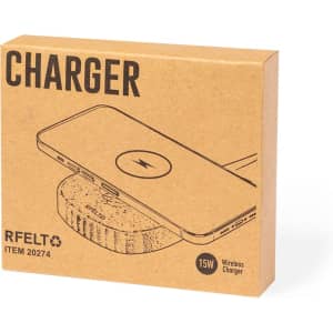 A wireless charger in a brown box, featuring a minimalist design and a logo on the packaging.