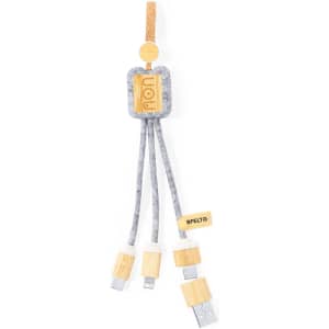 A charging cable with grey fabric and wood accents, featuring multiple connectors for various devices.