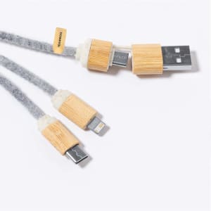 A charging cable set featuring grey fabric with wooden accents and connectors, including USB and Lightning options.