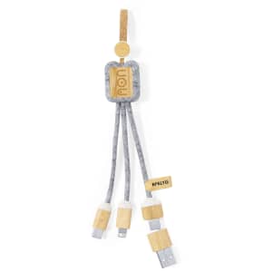 A charging cable with a grey fabric texture and natural wood accents, featuring multiple connector types.