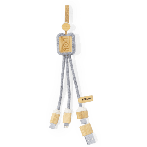 A grey and bamboo charging cable with multiple connectors and a logo, designed for phone and technology use.
