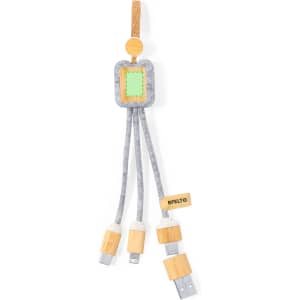 A grey charging cable with bamboo ends and a felt holder, featuring multiple connectors for different devices.