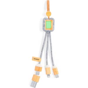 A charging cable in grey with bamboo accents and multiple connector types attached, featuring a logo.