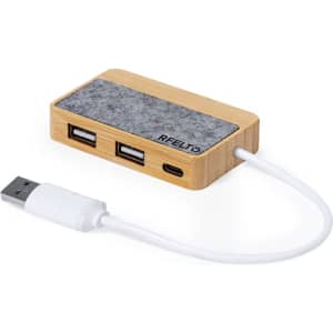 A bamboo and felt USB hub featuring two USB ports and one USB-C port, with a white connecting cable.