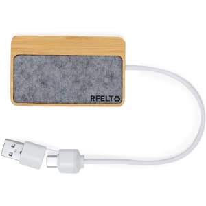 A USB hub featuring a bamboo and grey felt design with a white connecting cable and logo.