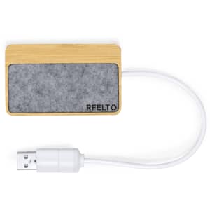 A bamboo USB hub with a grey felt surface and a white cable, featuring a small logo on the side.