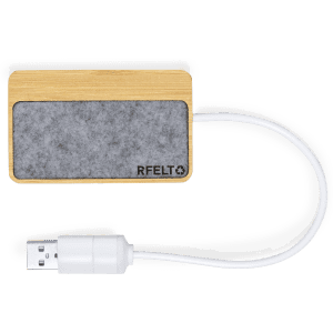 A USB hub featuring a wooden design with grey felt and a white USB cable. Includes a logo on the hub.