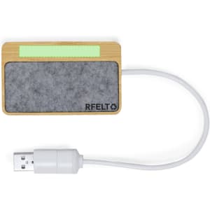 A rectangular USB hub with a bamboo top and grey felt bottom, featuring a white USB cable and a logo.