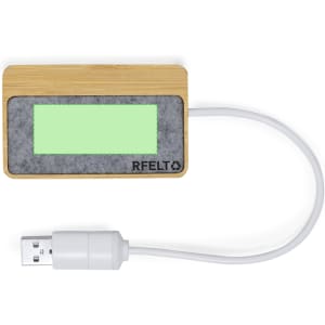 A wooden USB hub with a grey felt section and a white USB cable. It features a logo on the front.
