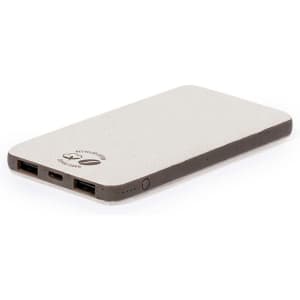A rectangular power bank in light grey with a darker grey base, featuring multiple USB ports and a logo.