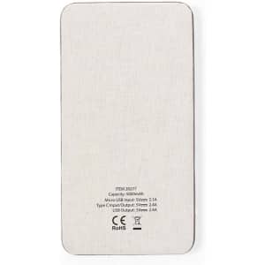 A power bank with a textured beige exterior and a grey backing, featuring input and output specifications.