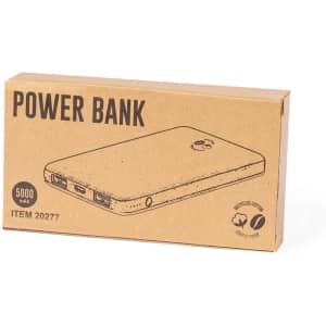 A power bank in a cardboard box, featuring a minimalist design, with a logo on the surface. Colour is brown.