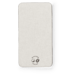 A beige phone power bank featuring a textured surface and a logo, made from recycled cotton.