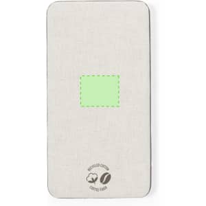 A beige power bank made from recycled cotton and coffee fibre, featuring a square area in green and a logo at the bottom.