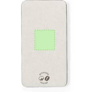 A power bank with a light beige exterior and a green rectangular section, featuring a logo on the bottom.