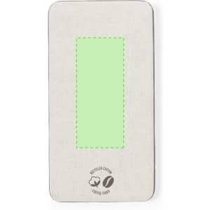 A power bank with a light green centre and a textured beige exterior, featuring a logo at the bottom.
