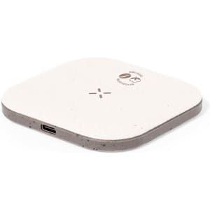 A wireless charger in a square design, featuring a light cream surface and a grey base, with a logo on top.