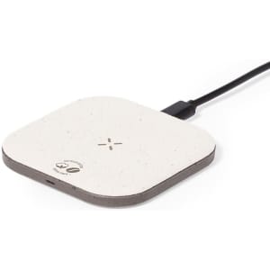 A wireless charger with a square shape featuring a light cream surface and a grey base, connected by a cable.