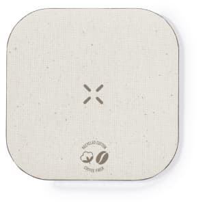 A square wireless charger in a light beige colour, featuring a textured surface and a logo.
