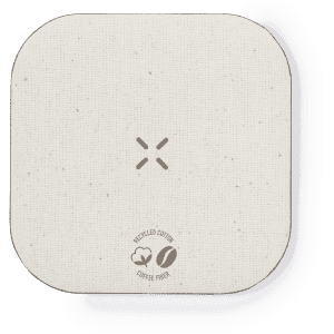A square wireless charger in a light beige colour made from recycled cotton and coffee fibre, featuring a logo.