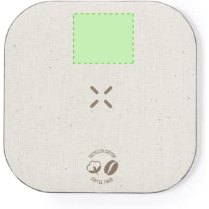 A wireless charger in beige made from recycled cotton and coffee fibre, featuring a simple design and logo.