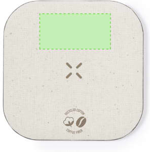 A square wireless charger in beige with a textured surface and a small logo.